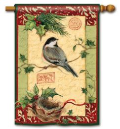 Outdoor Decorative House Flag - Holiday Chickadee